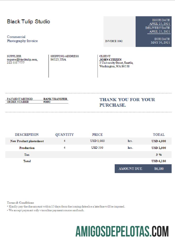 Fatura do estúdio Black Tulip dos EUA amostra